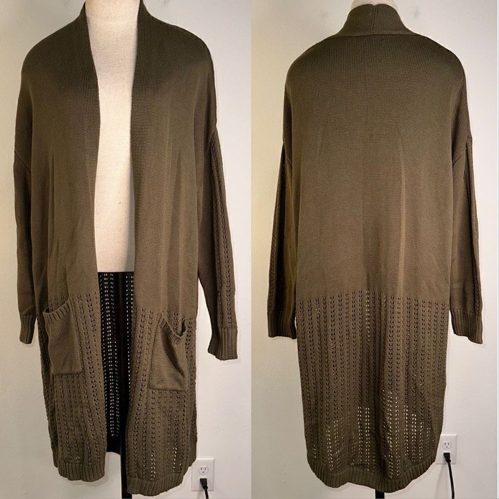 Lysse Womens Abigail Pointelle Knit Sweater Cardigan Olive Green‎ Modern Duster